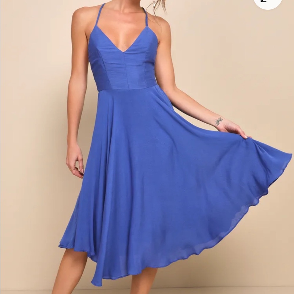 Lulu's Troulos Royal Blue A-Line Midi Dress Spaghetti Strap
